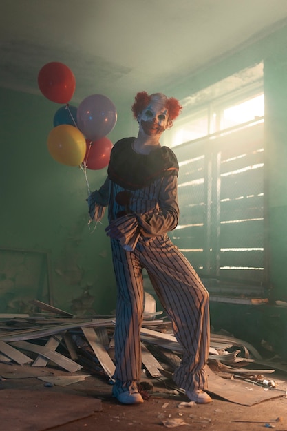 Photo gratuite clown effrayant plein coup dans un bâtiment abandonné