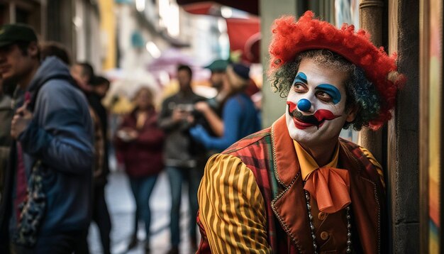 Un clown souriant se promène dans un défilé de festival traditionnel généré par l'IA