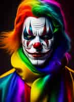 Photo gratuite un clown avec un visage arc-en-ciel et le mot clown sur le devant.
