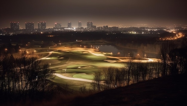 Photo gratuite le club de golf swingue au crépuscule sur un parcours herbeux généré par l'ia