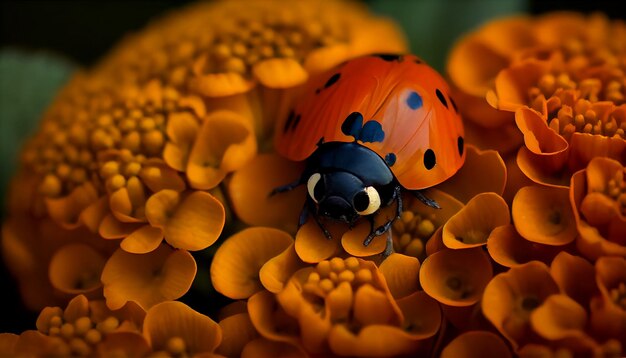 Coccinelle tachetée rampant sur une marguerite jaune fraîche générée par l'IA