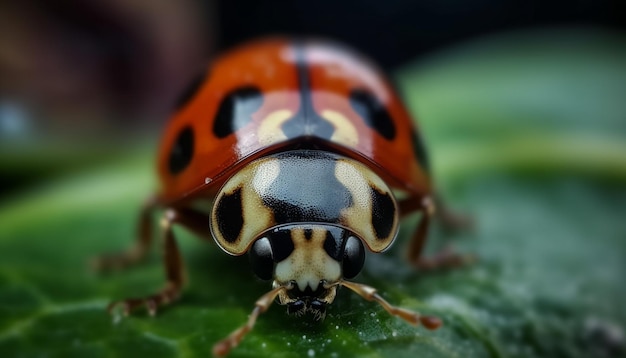 La coccinelle tachetée rampe sur une feuille de plante verte générée par l'IA