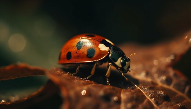 La coccinelle tachetée rampe sur une feuille verte fraîche générée par l'IA