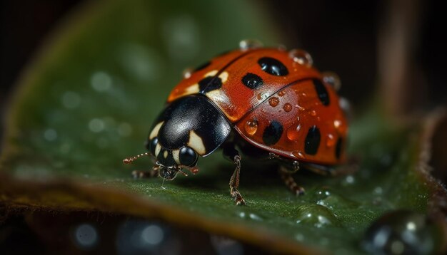 La coccinelle tachetée rampe sur une fleur jaune humide générée par l'IA