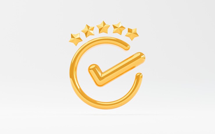 Coche dorée correcte signe de la meilleure assurance qualité avec cinq étoiles dorées pour le produit de garantie et le concept de service ISO par rendu 3d