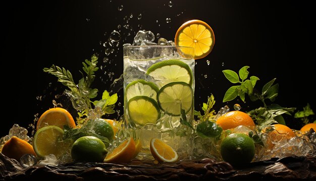 Cocktail d'agrumes rafraîchissant avec tranche de citron glacé et feuille de menthe généré par l'intelligence artificielle