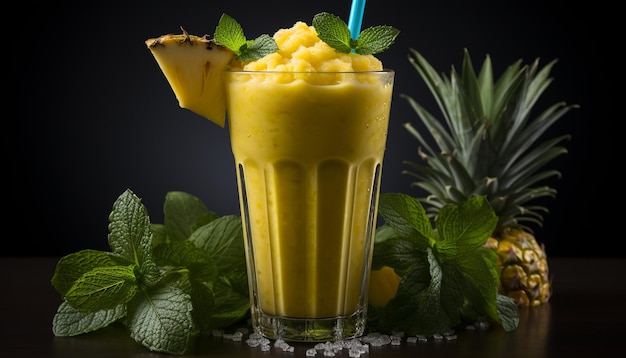 Cocktail d'ananas frais avec des feuilles de menthe sur une table en bois générée par l'intelligence artificielle