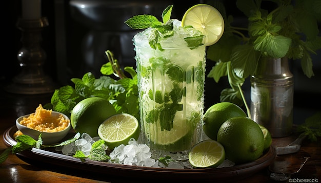 Photo gratuite cocktail de mojito frais avec des agrumes glacés et des feuilles de menthe générés par l'intelligence artificielle