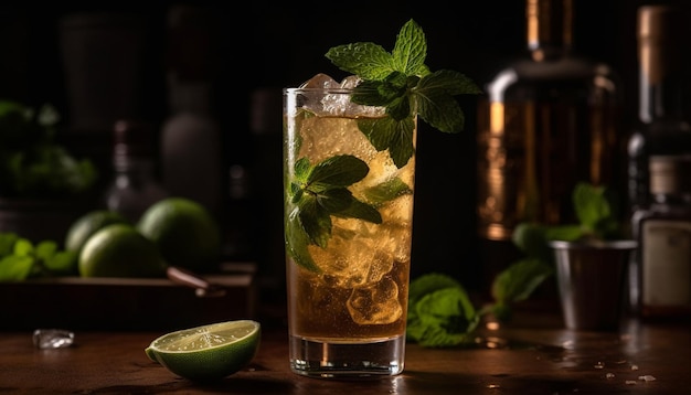 Photo gratuite un cocktail de mojito frais avec des feuilles de menthe et des agrumes générés par l'intelligence artificielle