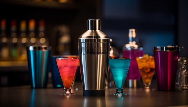 Des cocktails rafraîchissants versés au comptoir d'un bar dans une boîte de nuit animée générée par l'intelligence artificielle
