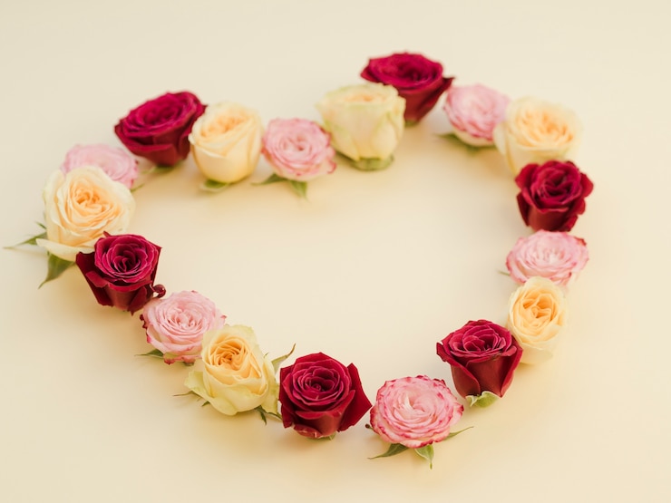 Photo gratuit coeur fait de roses colorées