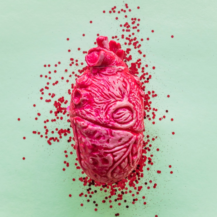 Photo gratuit coeur humain en céramique rose avec des paillettes sur la table