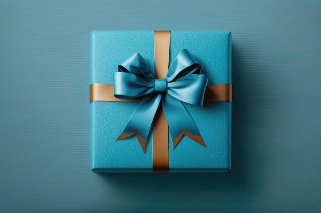 Coffret cadeau bleu avec noeud bleu sur fond bleu Vue de dessus Ai générative