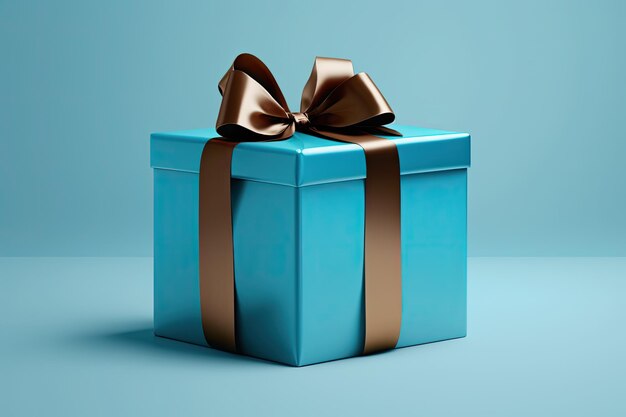 Coffret cadeau bleu avec noeud marron sur fond bleu Ai générative