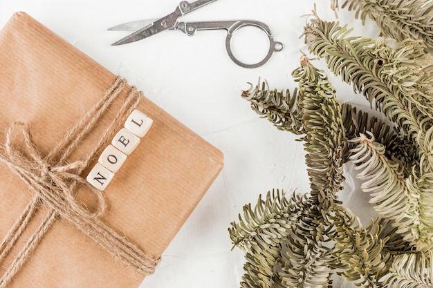 Coffret cadeau en papier kraft entre des branches de conifères décoratives