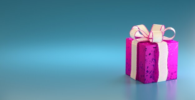 Coffret cadeau violet avec un ruban blanc sur un espace de copie de fond bleu pour le texte