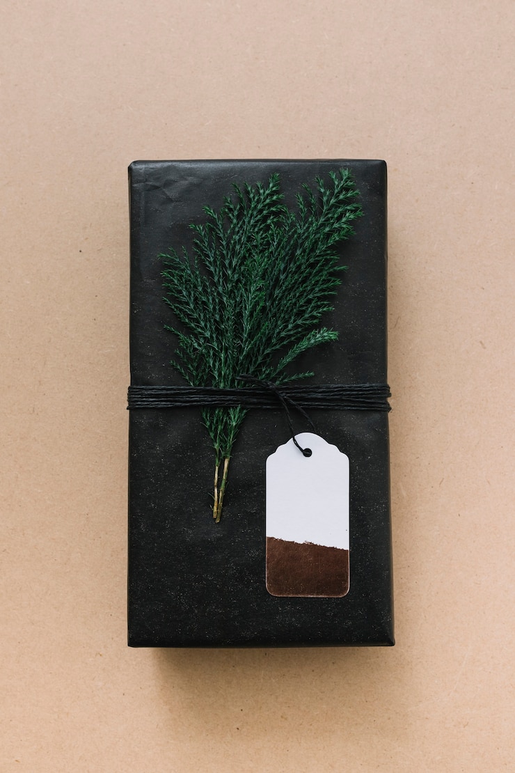 Photo gratuit coffret noir avec une branche de cyprès vert