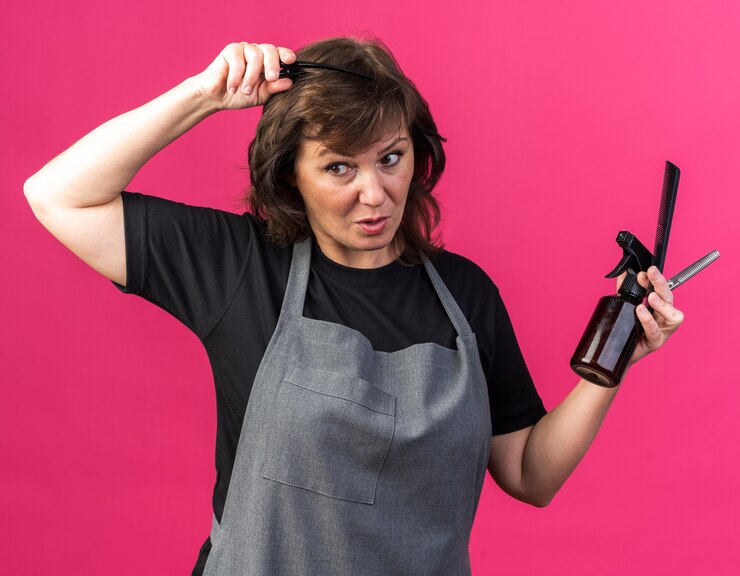 Photo gratuit coiffeur féminin de race blanche adulte surpris en uniforme tenant des outils de barbier isolés sur fond rose avec espace de copie
