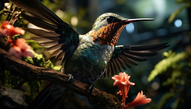 Photo gratuite colibri perché sur une branche, des plumes vibrantes répandent la beauté de la nature générée par l'intelligence artificielle