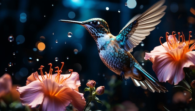 Un colibri plane et pollinise une fleur présentant une beauté irisée vibrante générée par l'intelligence artificielle