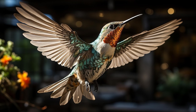 Photo gratuite colibri volant, ailes déployées, planant en gros plan, couleurs vives générées par l'intelligence artificielle