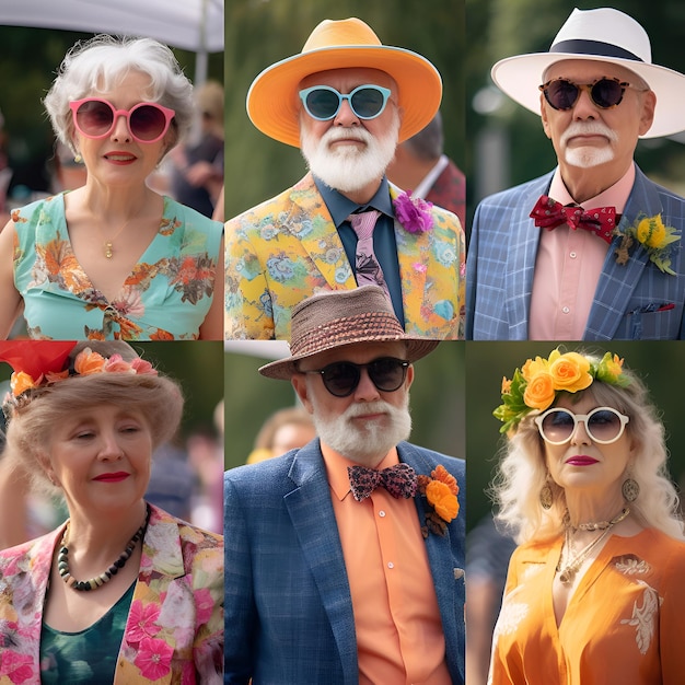 Photo gratuite collage de portraits d'hommes et de femmes âgés avec des chapeaux et des lunettes de soleil