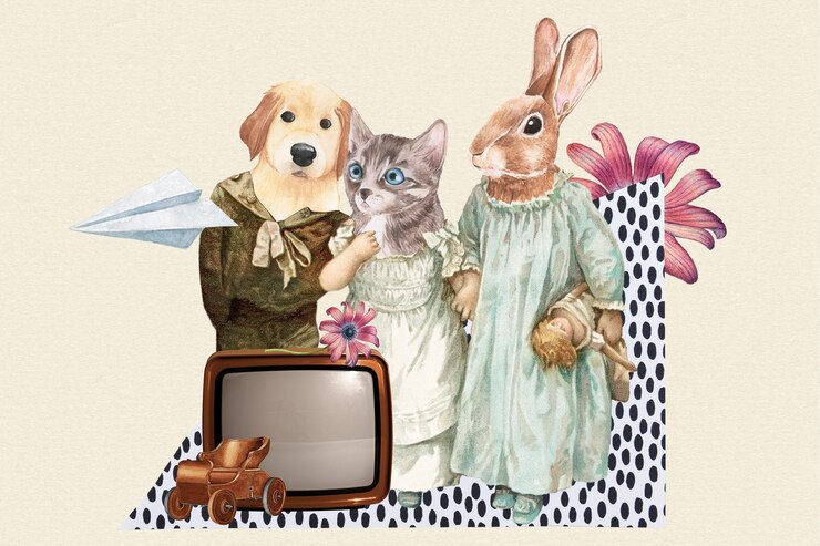 Photo gratuit collage rétro d'animaux mignons, art de médias mixtes de collage imprimable