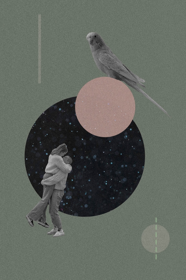 Photo gratuit collage vintage d'un couple qui s'étreint et d'un oiseau