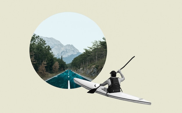 Collage vintage d'une personne faisant du kayak sur une route