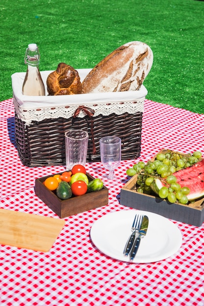 Collation pique-nique avec des légumes et des fruits sur une couverture rouge