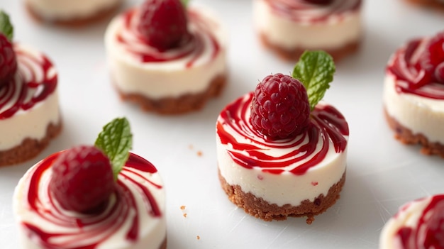 Photo gratuite une collection de cheesecakes miniatures avec des tourbillons de framboise et une garniture à la menthe sur une surface blanche et propre