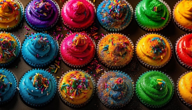 Photo gratuite une collection colorée de cupcakes gourmands en rangées générée par l'ia