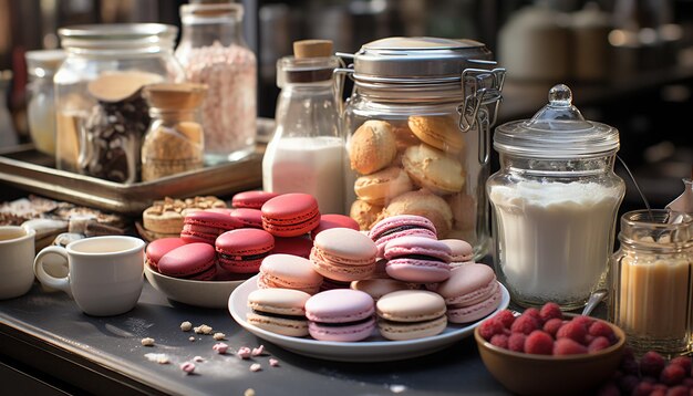 Une collection de desserts gourmands macarons frais biscuits maison chocolat gourmand généré par l'intelligence artificielle