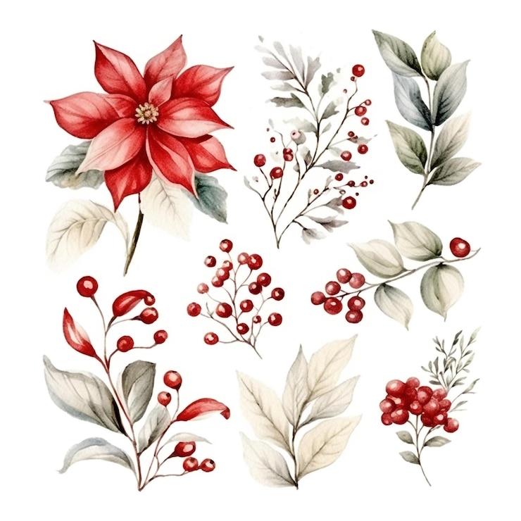 Photo gratuit collection de feuilles et de fleurs de noël en aquarelle