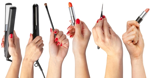 Photo gratuite collection de mains tenant des outils pour le maquillage isolé sur blanc