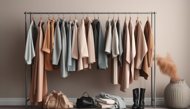 Collection de vêtements à la mode suspendue dans une boutique moderne générée par l'IA