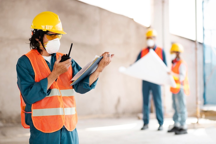 Photo gratuit collègues avec équipement de sécurité travaillant avec des plans