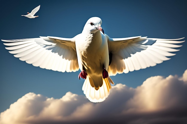 Photo gratuite une colombe blanche vole dans le ciel avec ses ailes déployées.