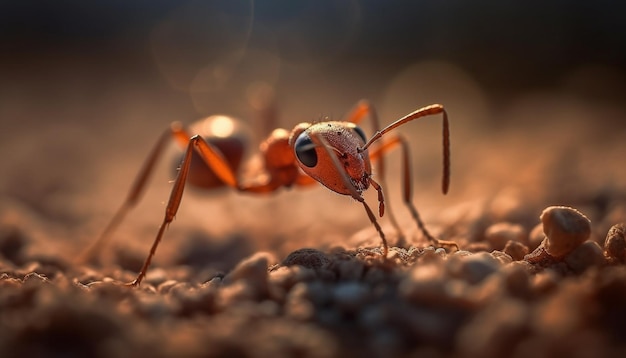 Photo gratuite la colonie de fourmis rampe sur une branche d'arbre au coucher du soleil générée par l'ia