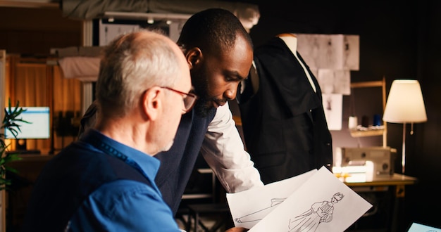 Photo gratuite compétences de stagiaire en enseignement sur mesure pour créer une ligne de vêtements de mode moderne, en adaptant le processus artisanal. concepteur débutant et expérimenté regardant des croquis de contours. tir à la main.