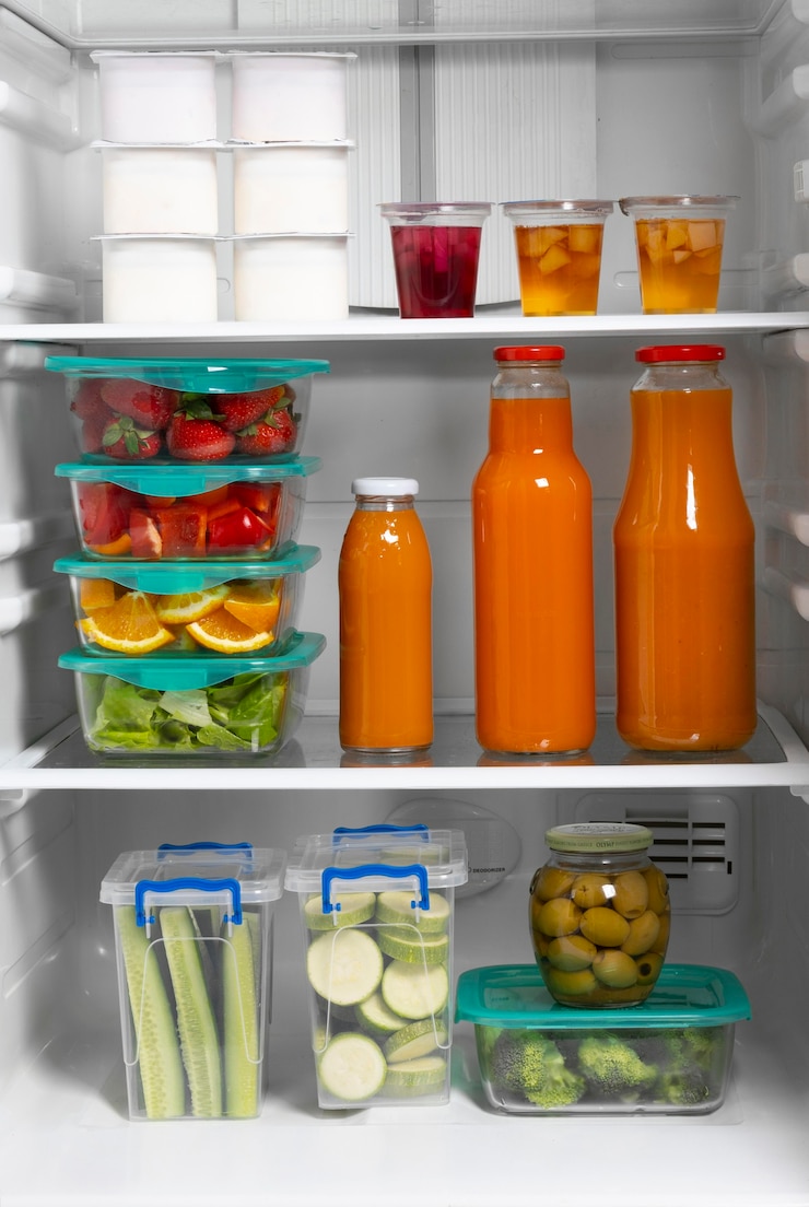 Photo gratuit composition d'aliments crus sains dans le réfrigérateur