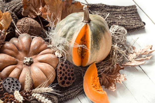 Composition d'automne avec des objets de décoration et des citrouilles