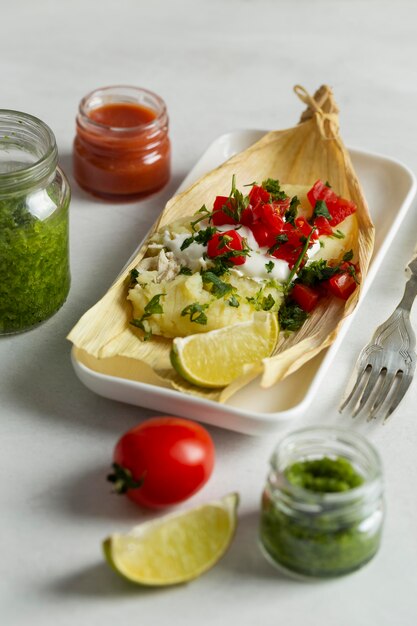 Composition de délicieux tamales sur assiette