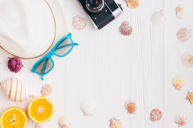 Photo gratuite composition de l'été avec des coquilles et des fonds