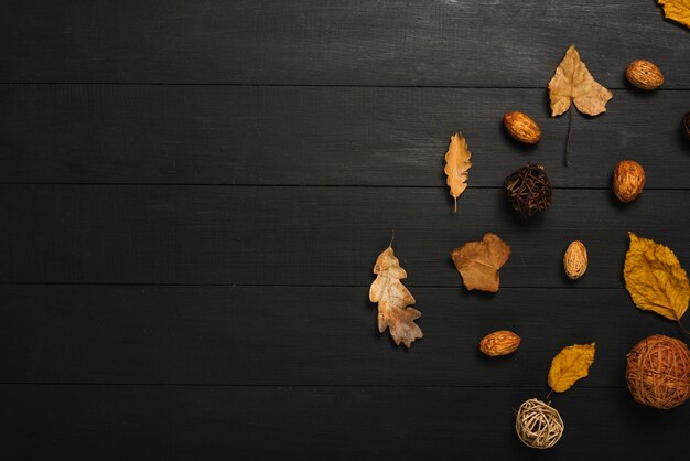 Composition de feuilles et d&#39;amandes sur table noire