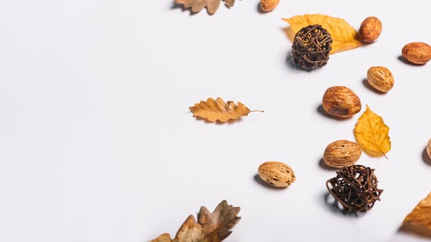 Composition de feuilles d&#39;automne et d&#39;amandes de pêche