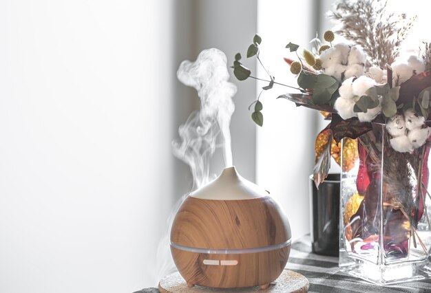 Composition avec humidificateur d'air et fleurs dans un vase. Concept de soins de santé.