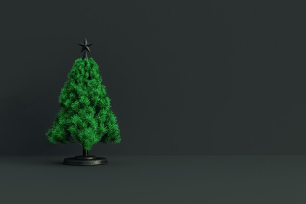 Composition de joyeux Noël avec des boules dorées et des branches de pin Vue de face. Maquette de cadre de nouvel an avec espace de copie Rendu 3D