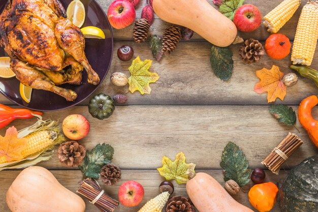 Composition de légumes, feuillage et poulet