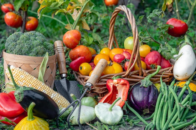 Composition de légumes frais sur un fond flou de jardin de légumes